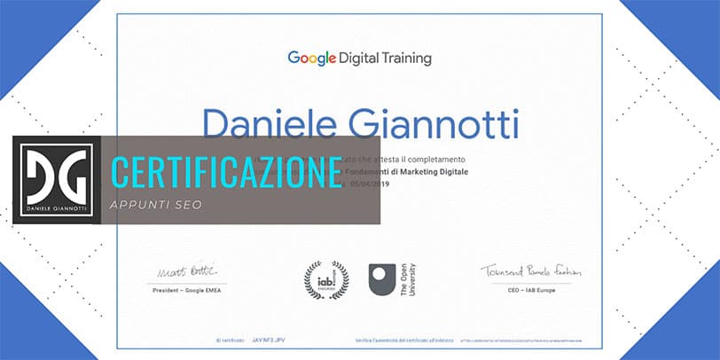Certificato corso Digital Marketing